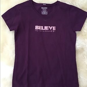 NWT BsunE original M purple short sleeve vneck Tshirt pink “believe in yourself”